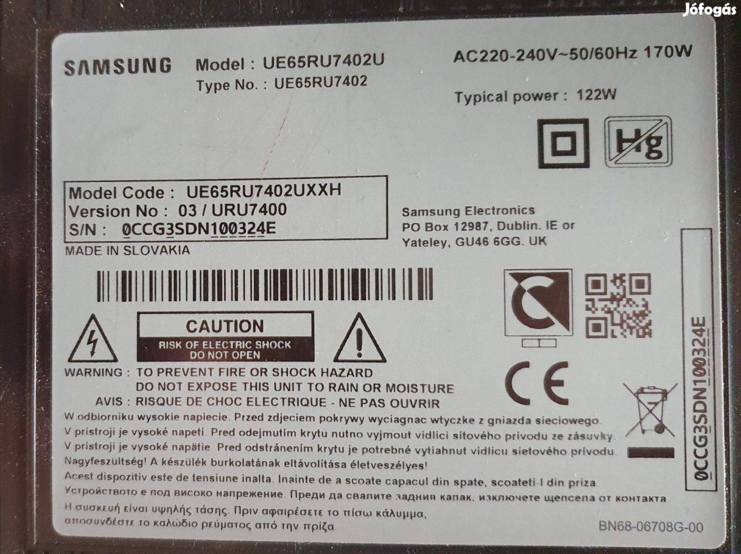 Samsung UE65RU7402 UHD LED tv tápegység alkatrésznek main elkelt