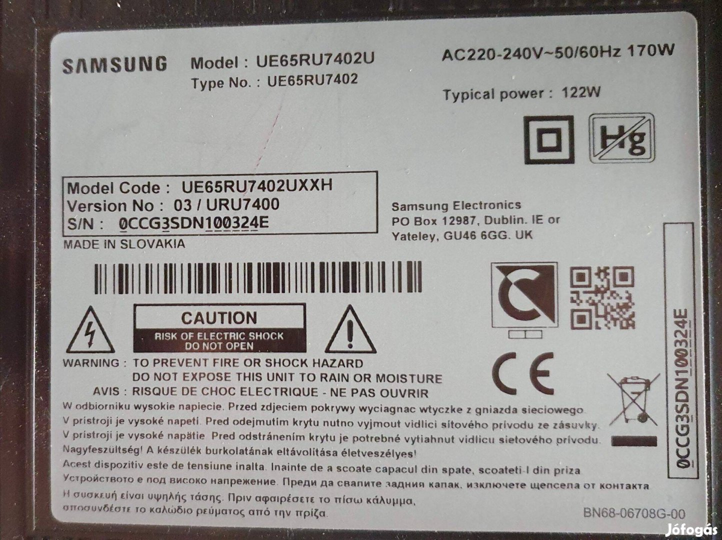 Samsung UE65RU7402 UHD LED tv tápegység alkatrésznek main elkelt