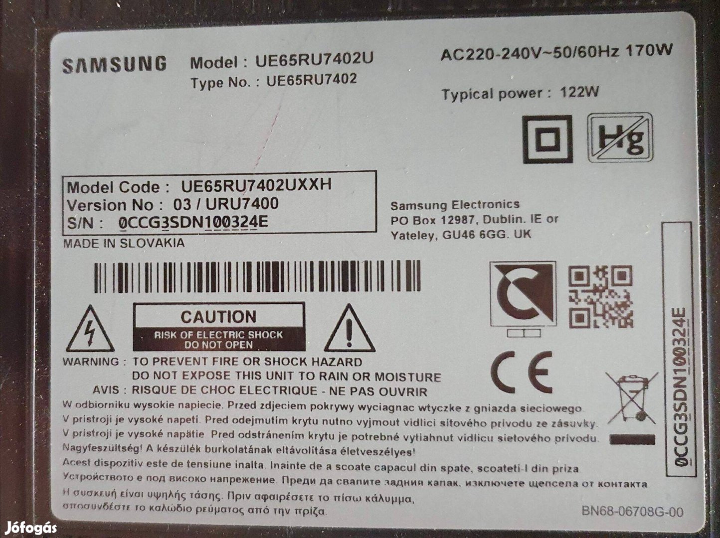 Samsung UE65RU7402 UHD LED tv tápegység alkatrésznek main elkelt