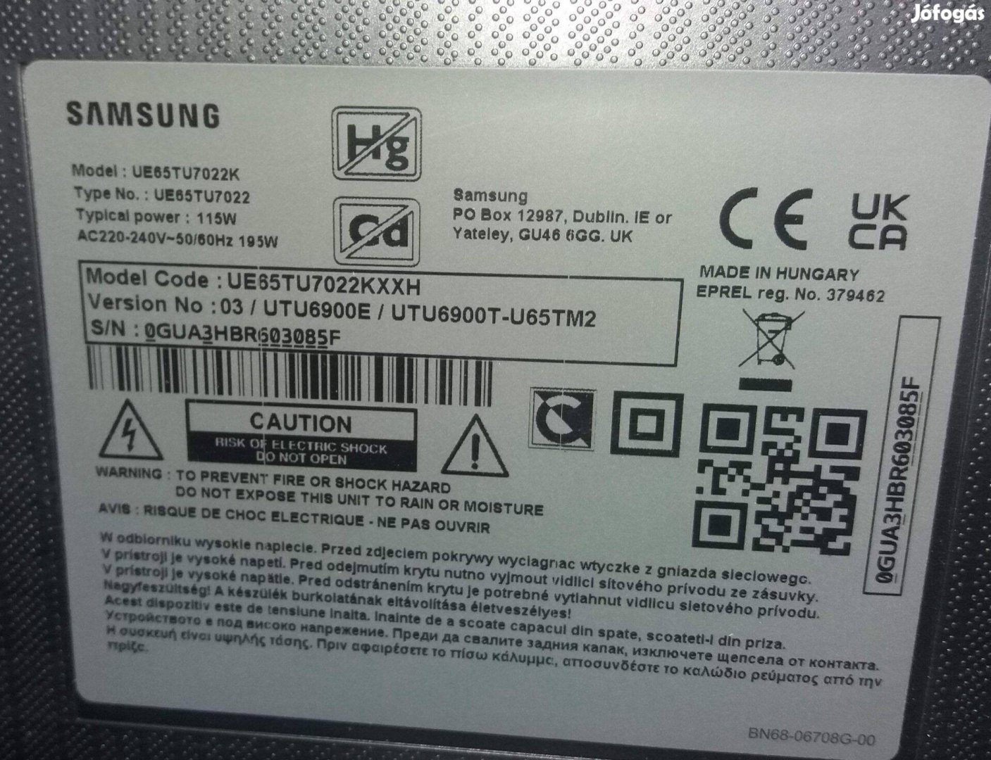 Samsung UE65TU7022K LED LCD tv hibás törött alkatrésznek UE65TU7022