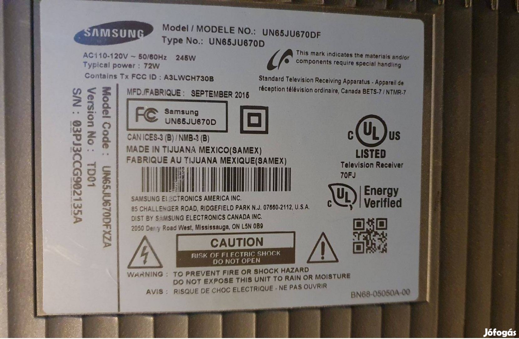 Samsung UN65JU670DF LED LCD tv hibás törött alkatrésznek UE65JU670DF