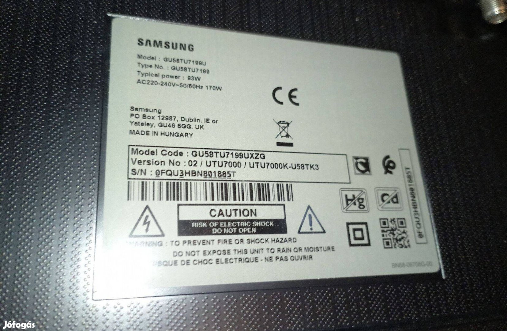 Samsung (GU58TU7199) alkatrésznek eladó. (Kijelző törött!)