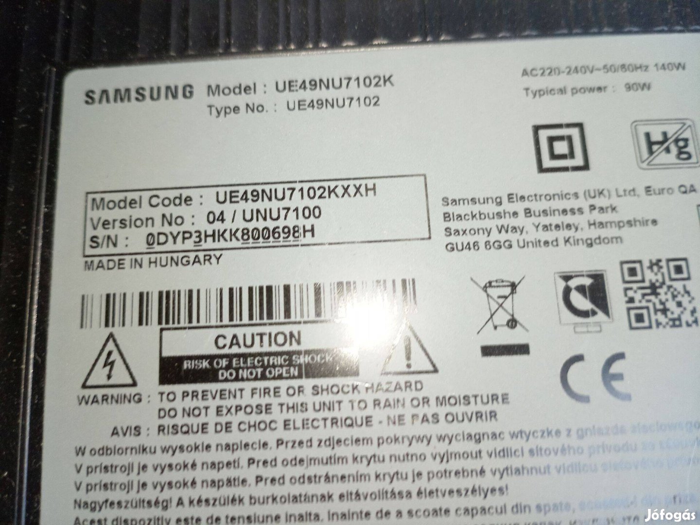 Samsung (UE49NU7102) alkatrésznek eladó. (Kijelző törött!)