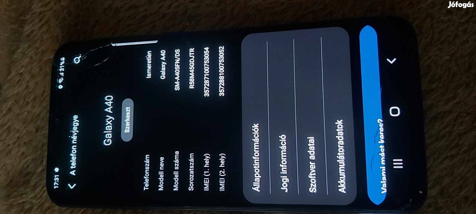 Samsung galaxy a40 sérült de hibátlanul müködő kijelzővel eladó. Andro