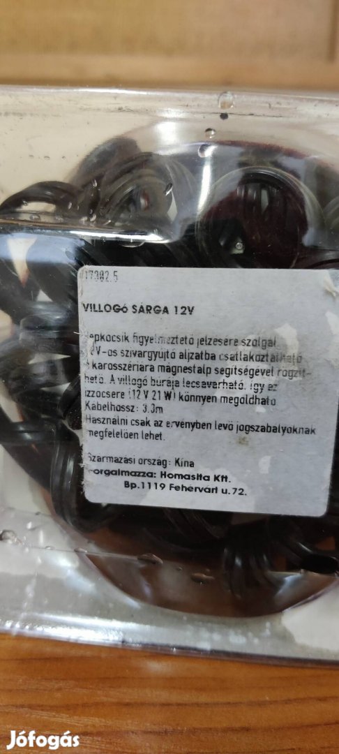 Sárga villogó 12v 3,3 m kabellel Új!