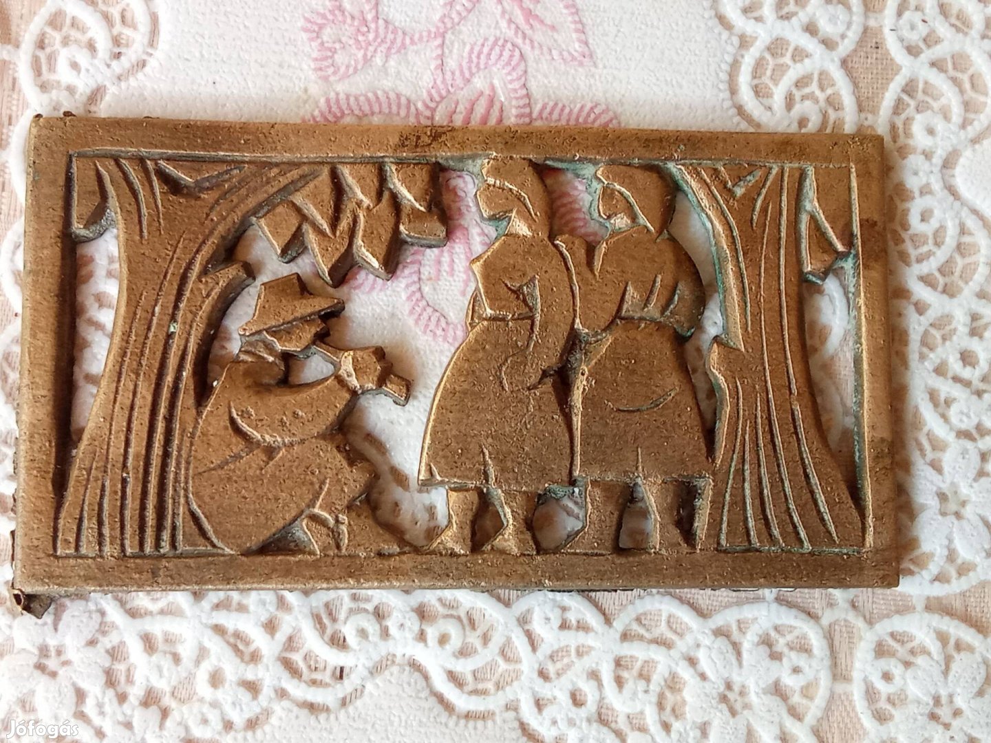 Sárgaréz furulyás pásztorfiú lányokkal jelenet, tábla, dísz