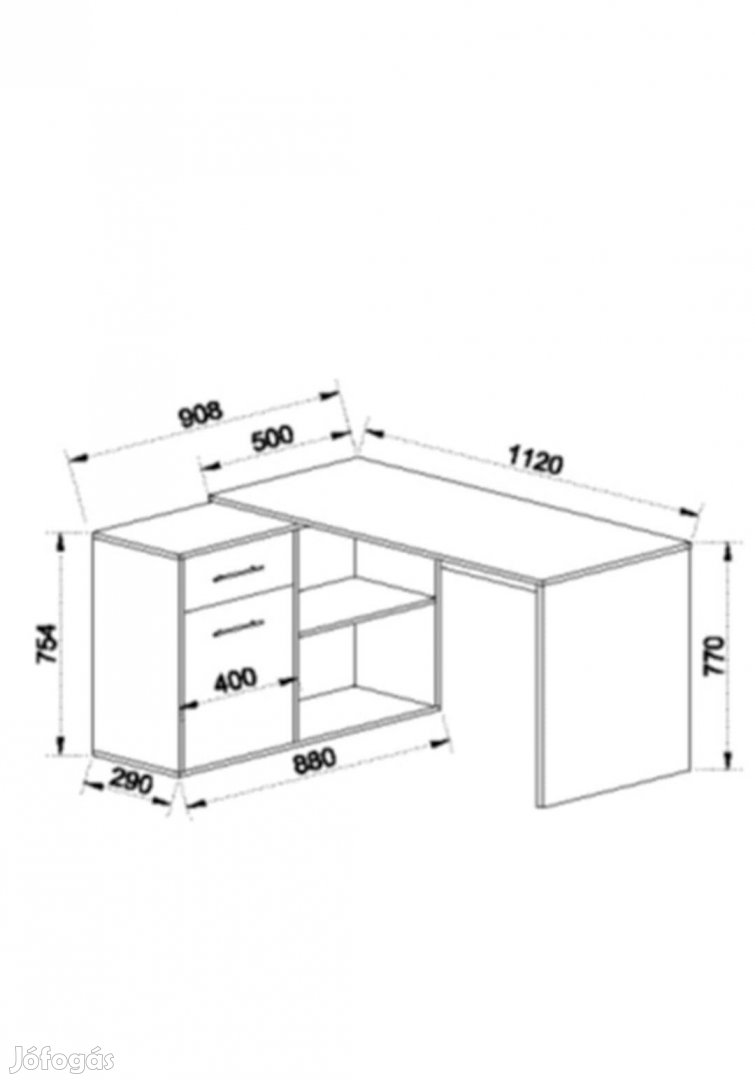 Sarok L alakú Íróasztal. 1 ajtós, 1 fiókos, nyitott polcrendszer.