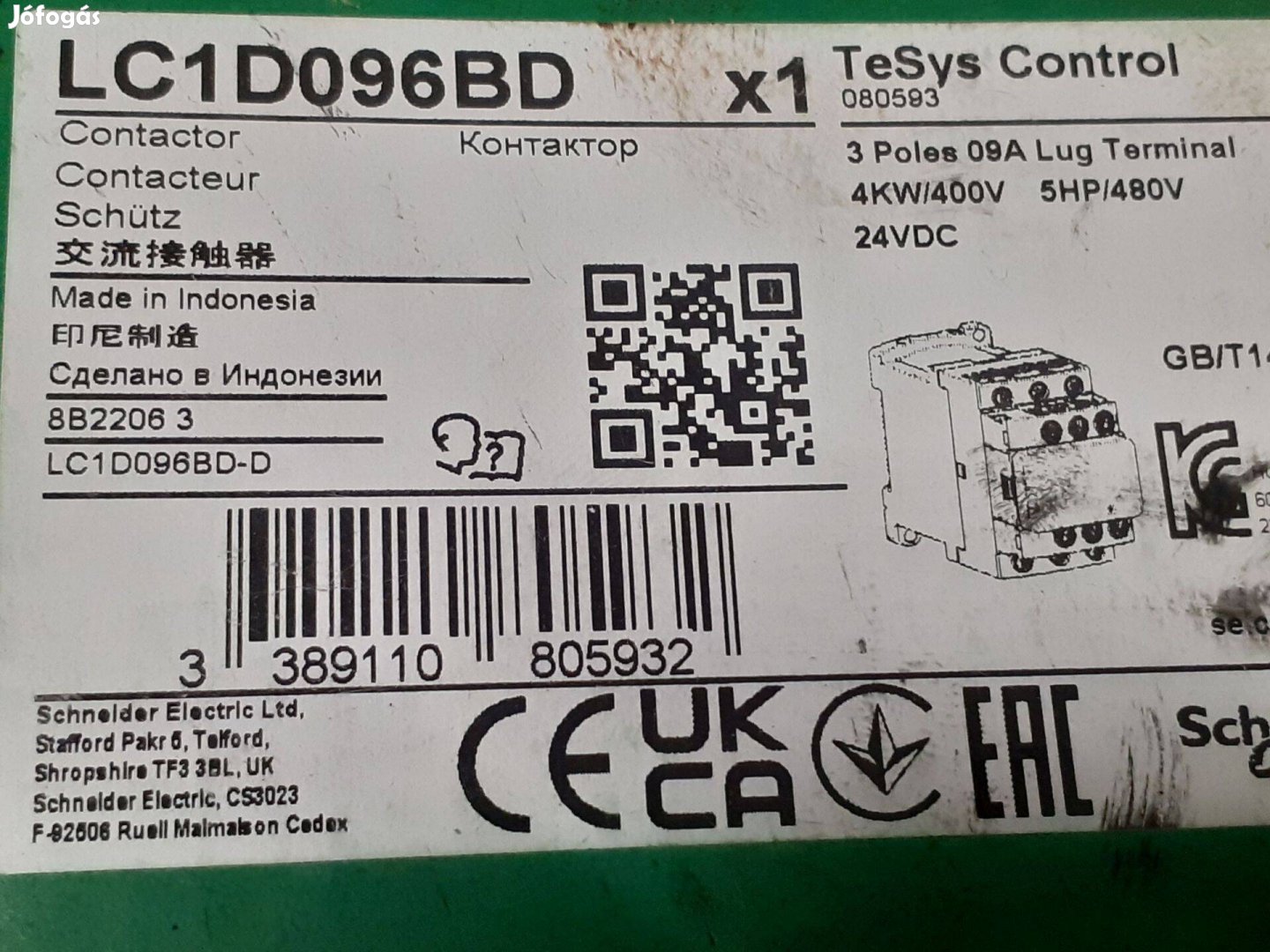 Schneider LC1D096BD mágneskapcsoló, kontaktor, 9A, 24VDC