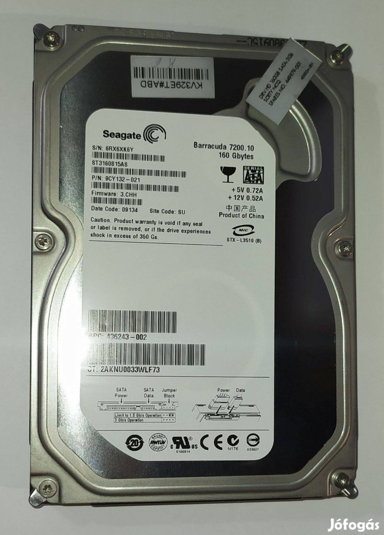 Seagate 160GB HDD merevlemez SATA 3.5" 100/100 #Xk6Y