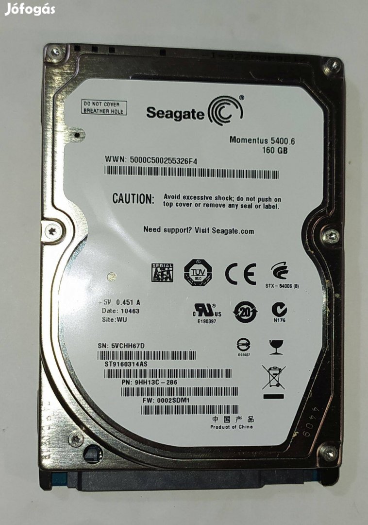 Seagate 160GB laptop / notebook HDD merevlemez SATA 2.5" 100/100 #H67D