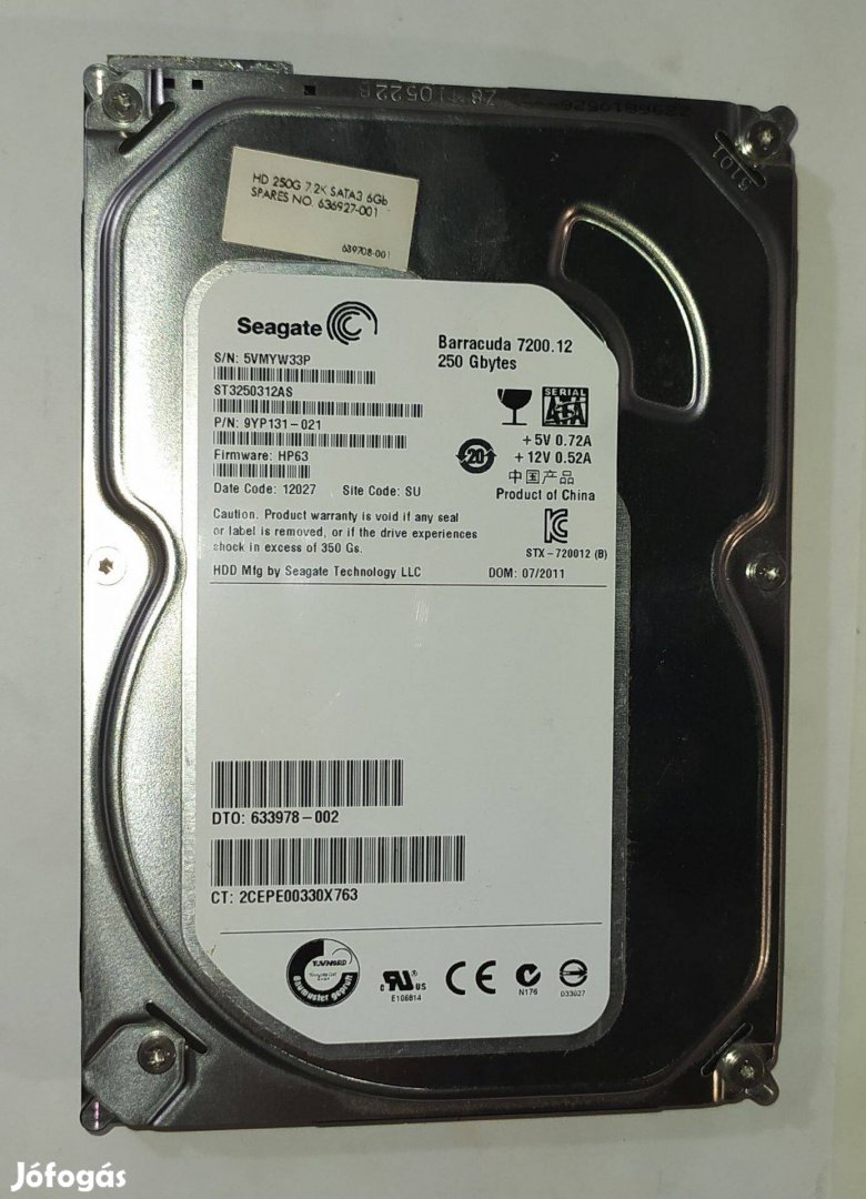 Seagate 250GB HDD merevlemez SATA 3.5" 100/100 #W33P