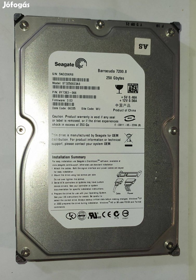 Seagate 250GB HDD merevlemez SATA 3.5" 100/100 #Xkr8