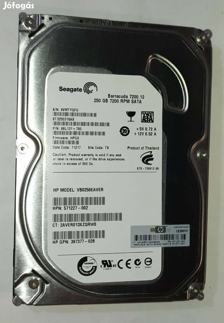 Seagate 250GB HDD merevlemez SATA 3.5" 100/100 #Yqfg