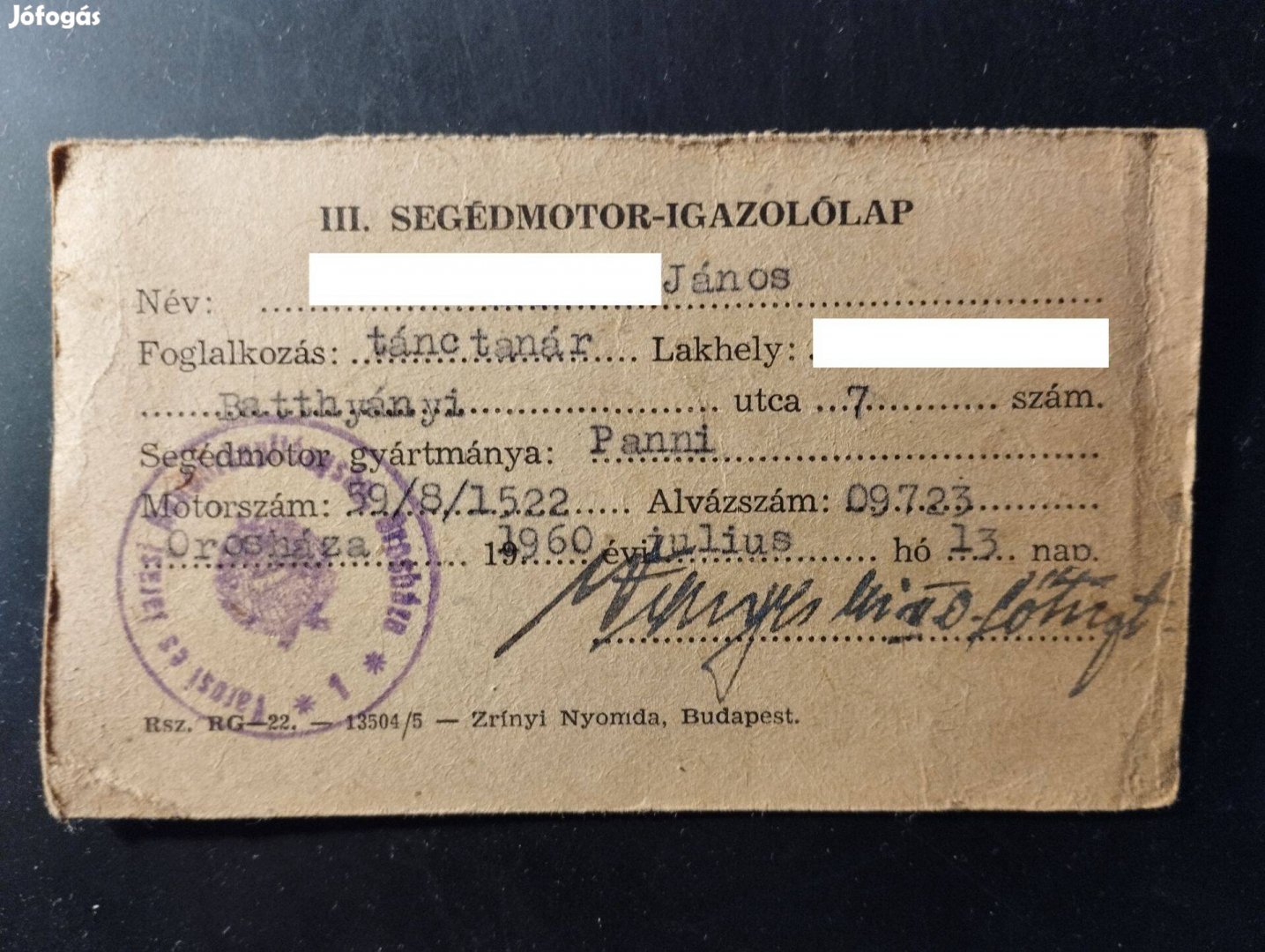 Segédmotor igazolólap - Panni robogó