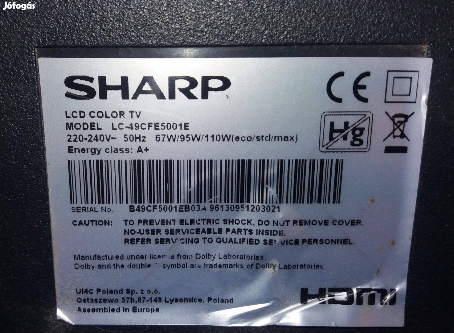 Sharp LC-49CFE5001E LED LCD tv panelek alkatrésznek 6870C-