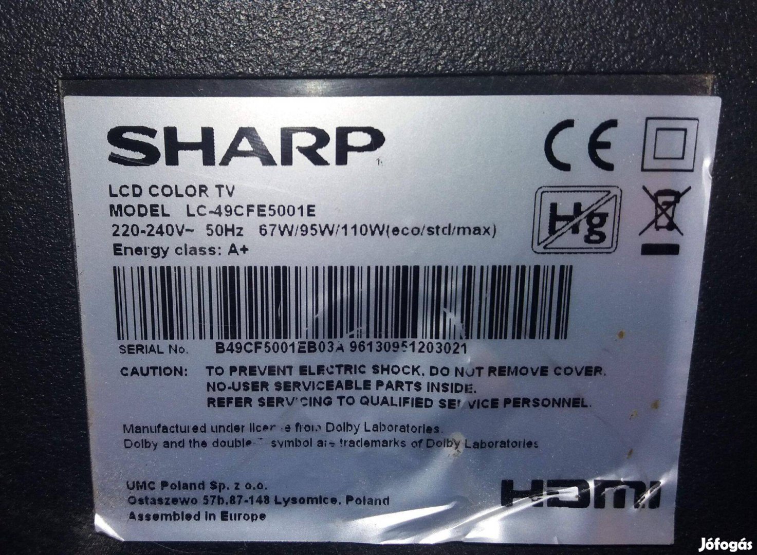 Sharp LC-49CFE5001E LED tv panelek alkatrésznek 6870C-0532B