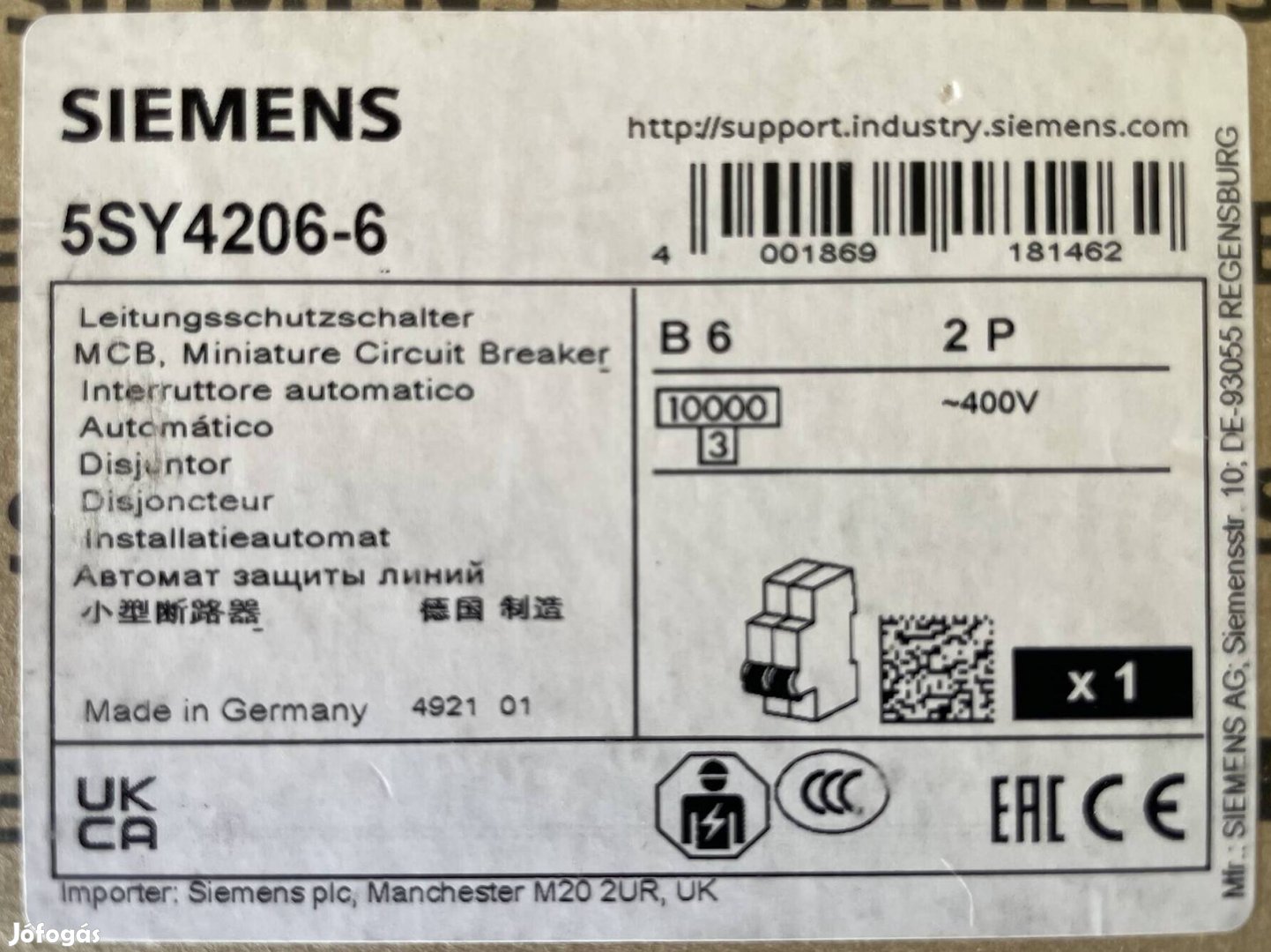 Siemens 5SY 4206-6, 6 Amperos megszakító, új