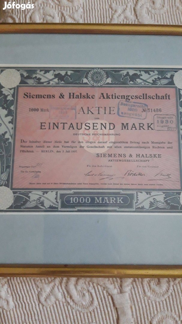 Siemens&Halske részvény 1897. 1000 márka keretben eladó