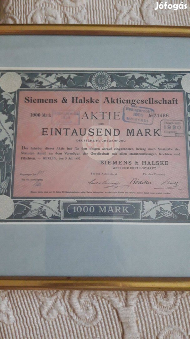 Siemens&Halske részvény 1897. 1000 márka keretben eladó