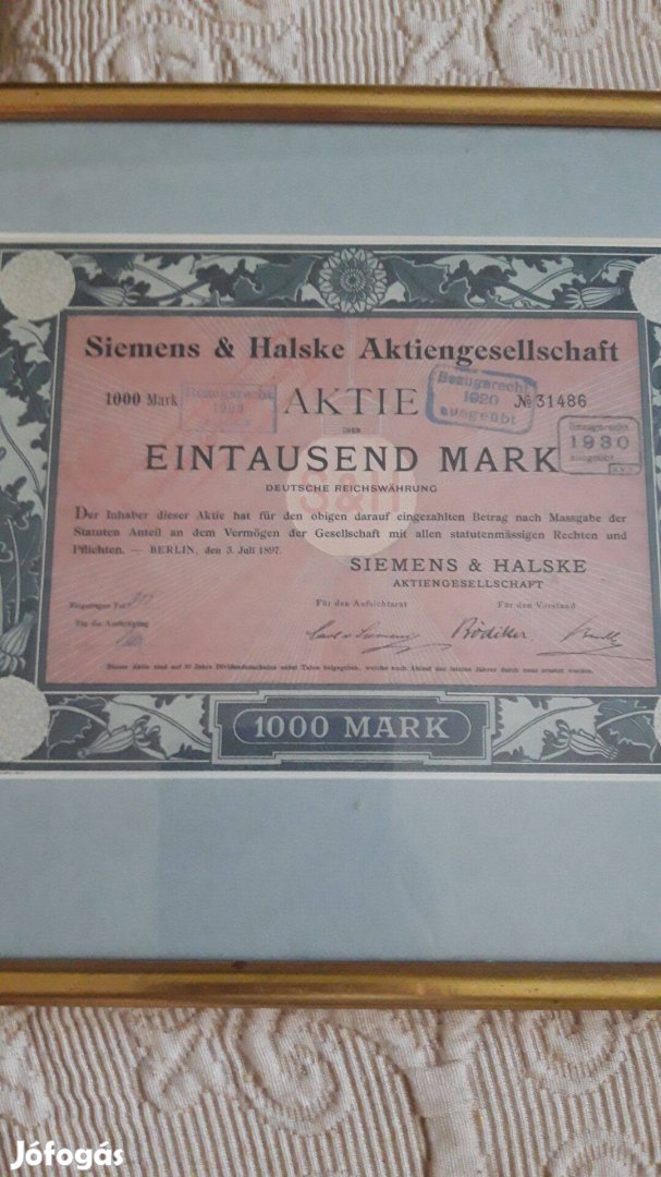 Siemens&Halske részvény 1897. 1000 márka keretben eladó Ára 25000 ft