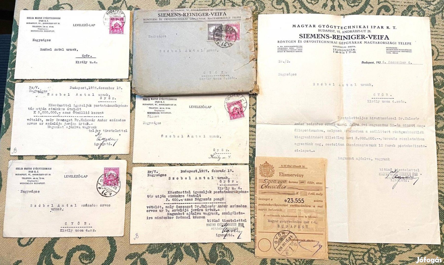 Siemens orvostörténeti levél, postai befizetőlap és levelezőlapok 1926