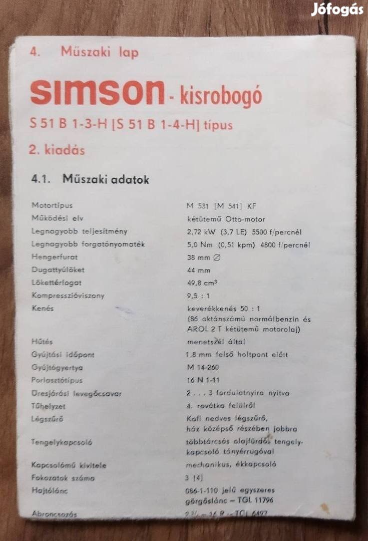 Simson S51 műszaki lap 1982