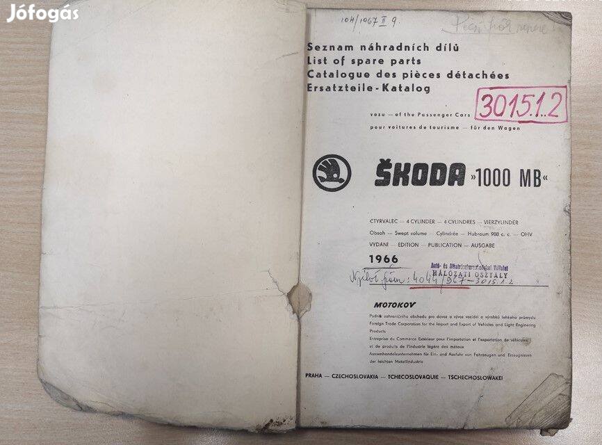 Skoda 1000MB Személygépkocsi alkatrészkatalógus 1966