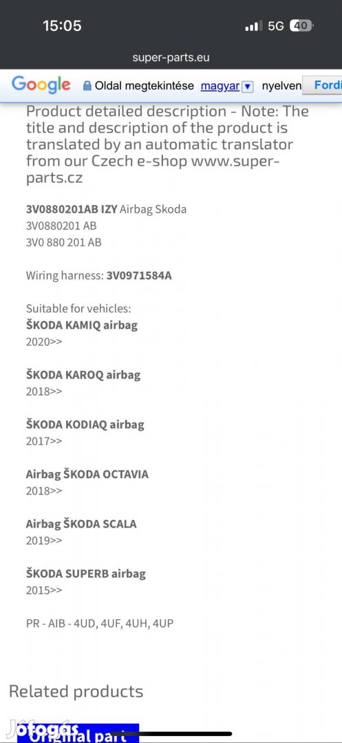 Skoda kormány légzsák
