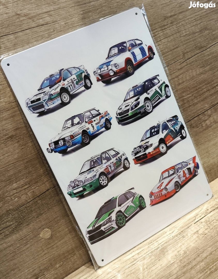 Skoda rally autókat ábrázoló fém dekorációs tábla 