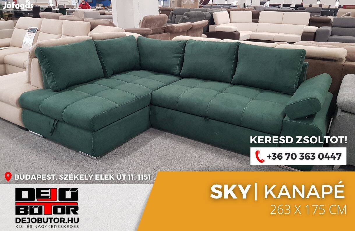Sky aston 27 zöld rugós sarok kanapé ülőgarnitúra 263x175 cm ágyazható