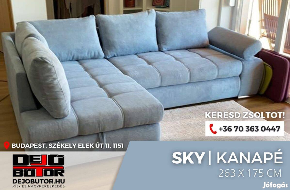 Sky sarok prémium kanapé ülőgarnitúra 263x175 cm rugós kék ágyazható