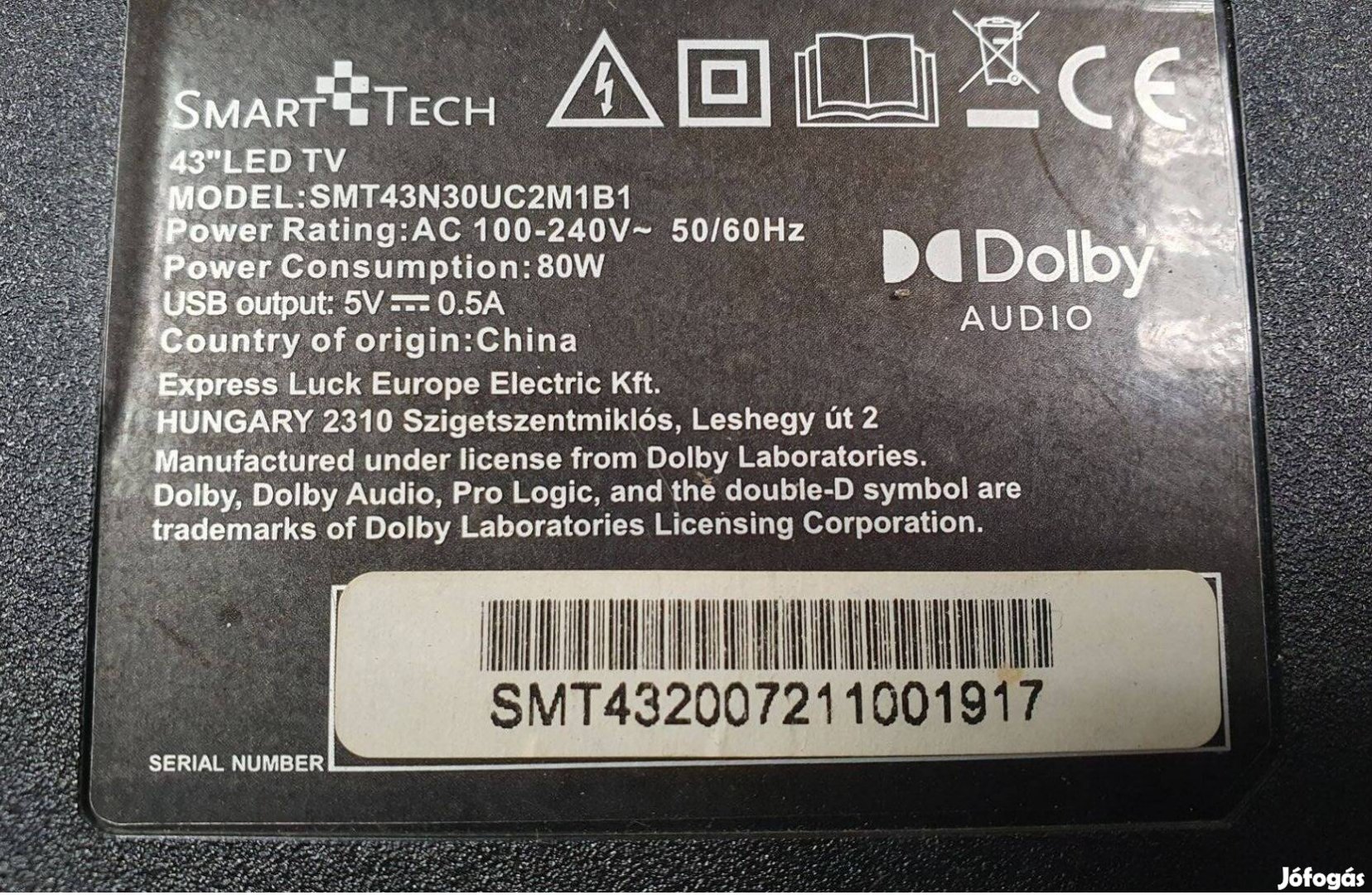 Smarttech 43"Smar LED LCD tv hibás törött alkatrésznek SMT43N30UC2M1B1
