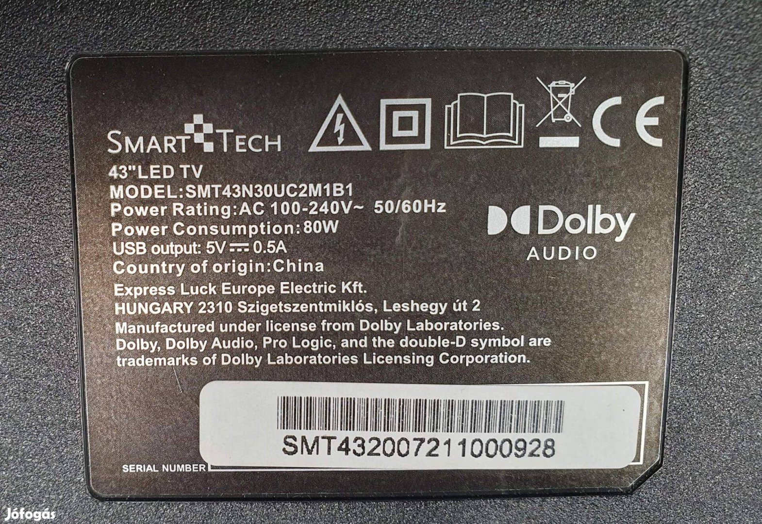 Smarttech 43" SMT43N30UC2M1B1 LED tv hibás törött alkatrésznek Smart