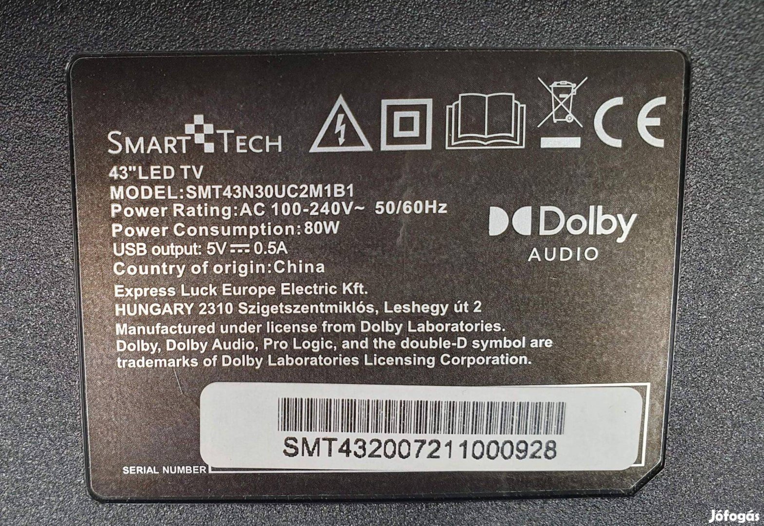 Smarttech 43" SMT43N30UC2M1B1 LED tv hibás törött alkatrésznek Smart