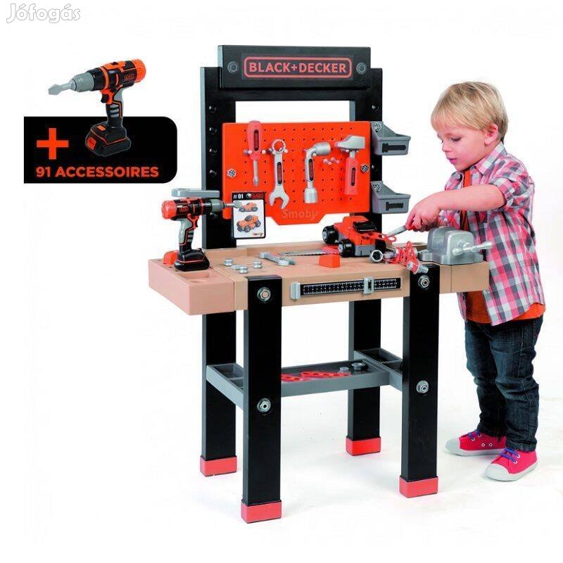 Smoby Black & Decker munkapad, fúrógéppel, kisautóval és 92 kiegészítő
