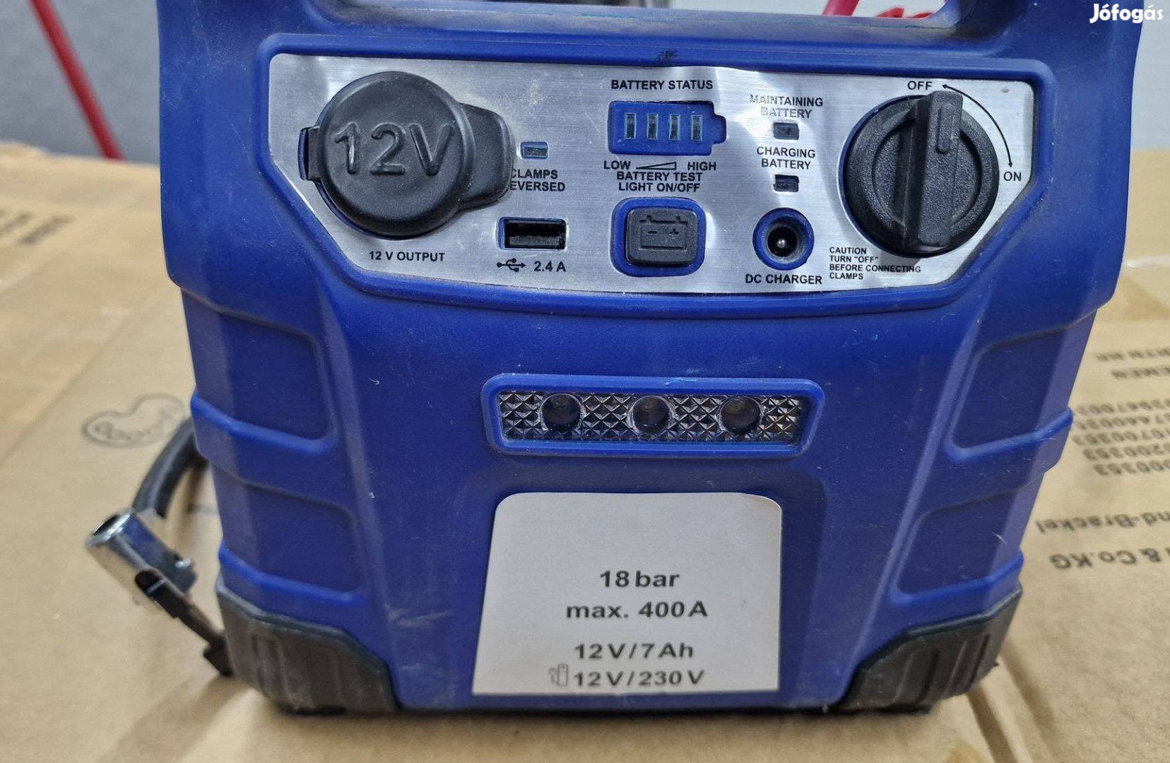 Sokoldalú autós gyorsindító bikázó és kompresszor 12V7Ah