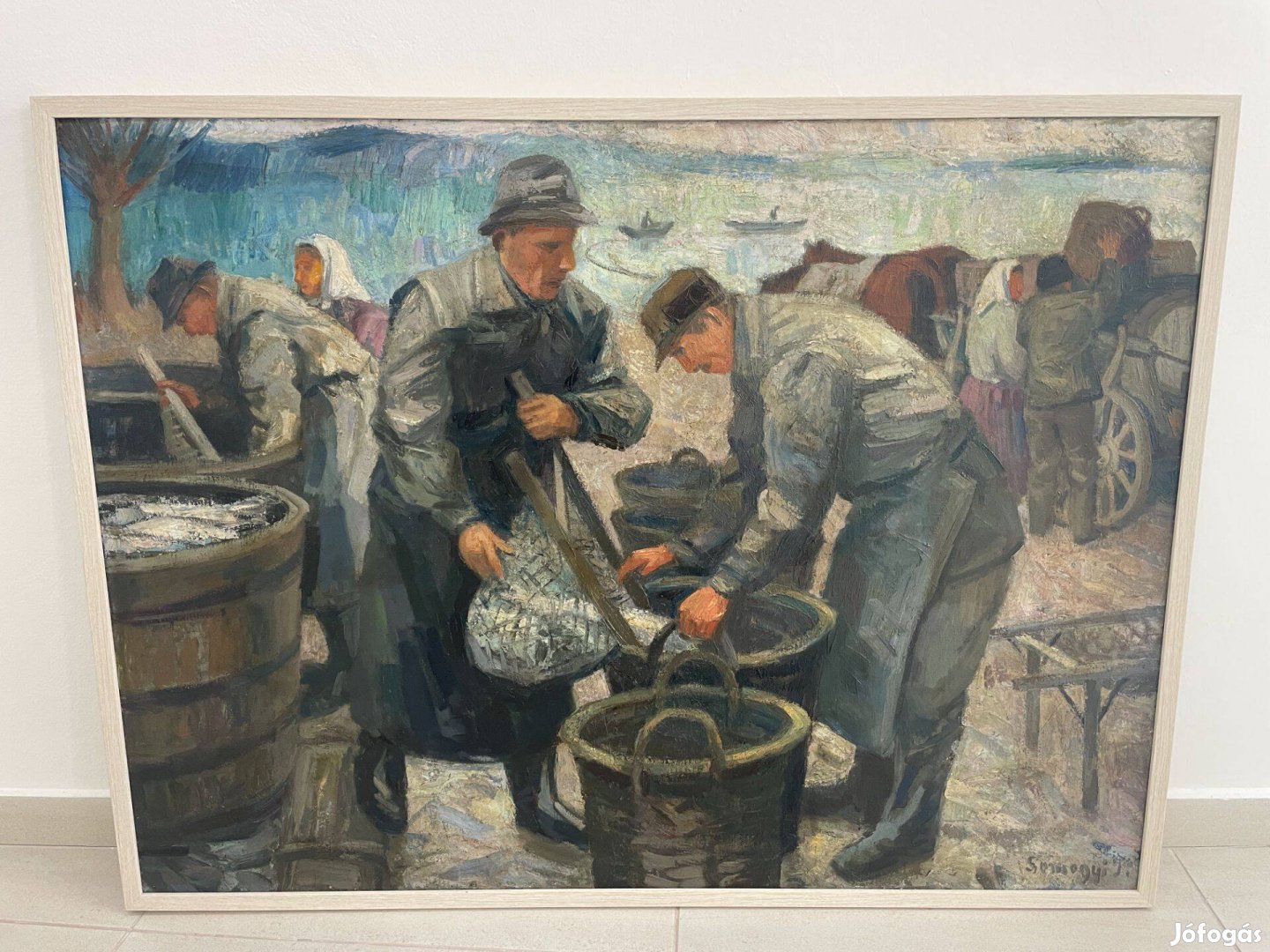 Somogyi Imre halászok Balaton szocreál tó vízpart horgászok festmény k