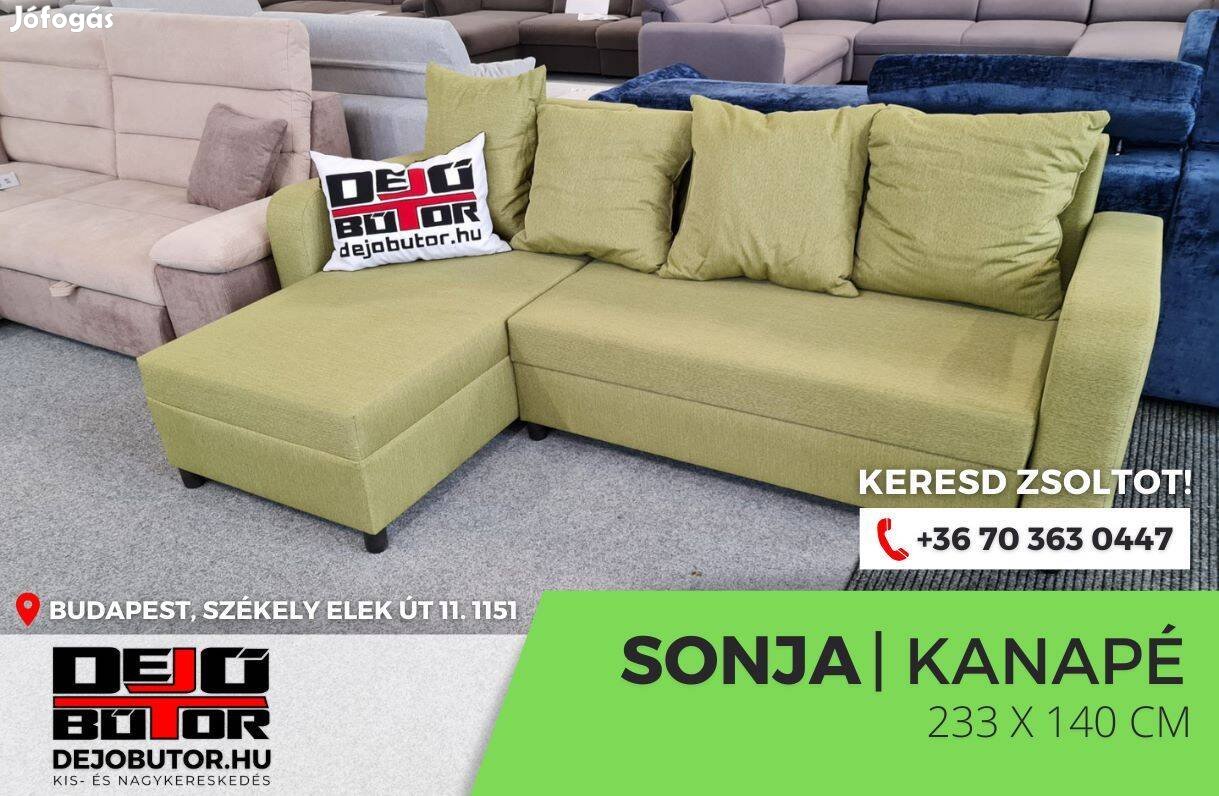 Sonja szivacsos sarok kanapé ülőgarnitúra 233x140 cm ágyazható zöld