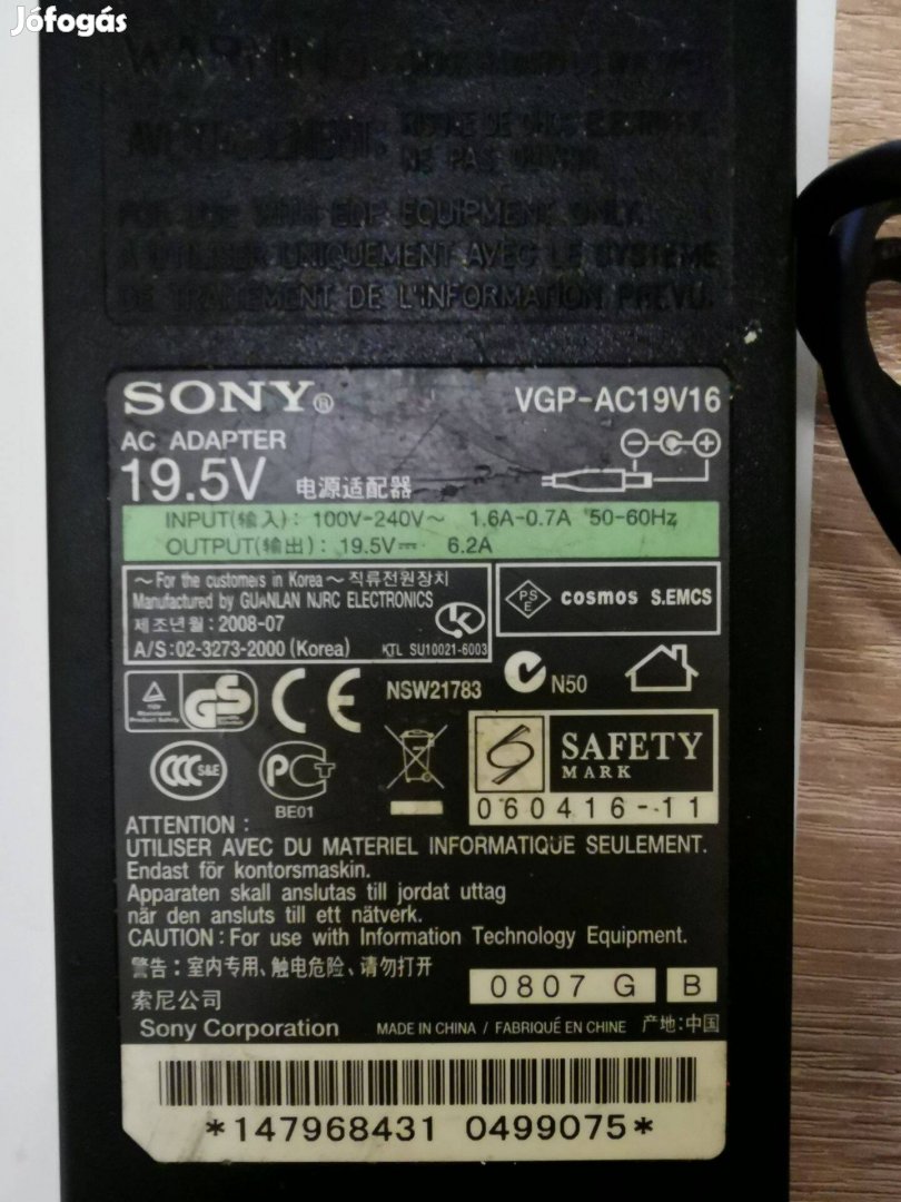 Sony 19.5 V / 6.2A , 120W-os laptop tápegység !!