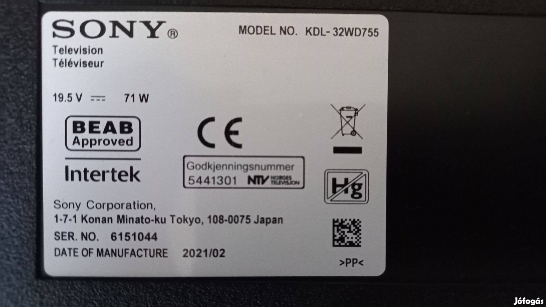Sony Bravia Kdl-32 WD755 - LCD TV - 5 Éves - Működőképes -
