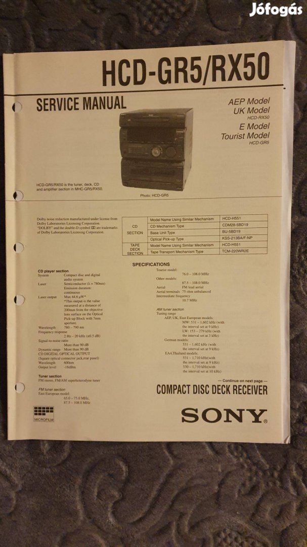 Sony Hcd-GR5 Hcd-RX50 eredeti Service manual szerviz gépkönyv