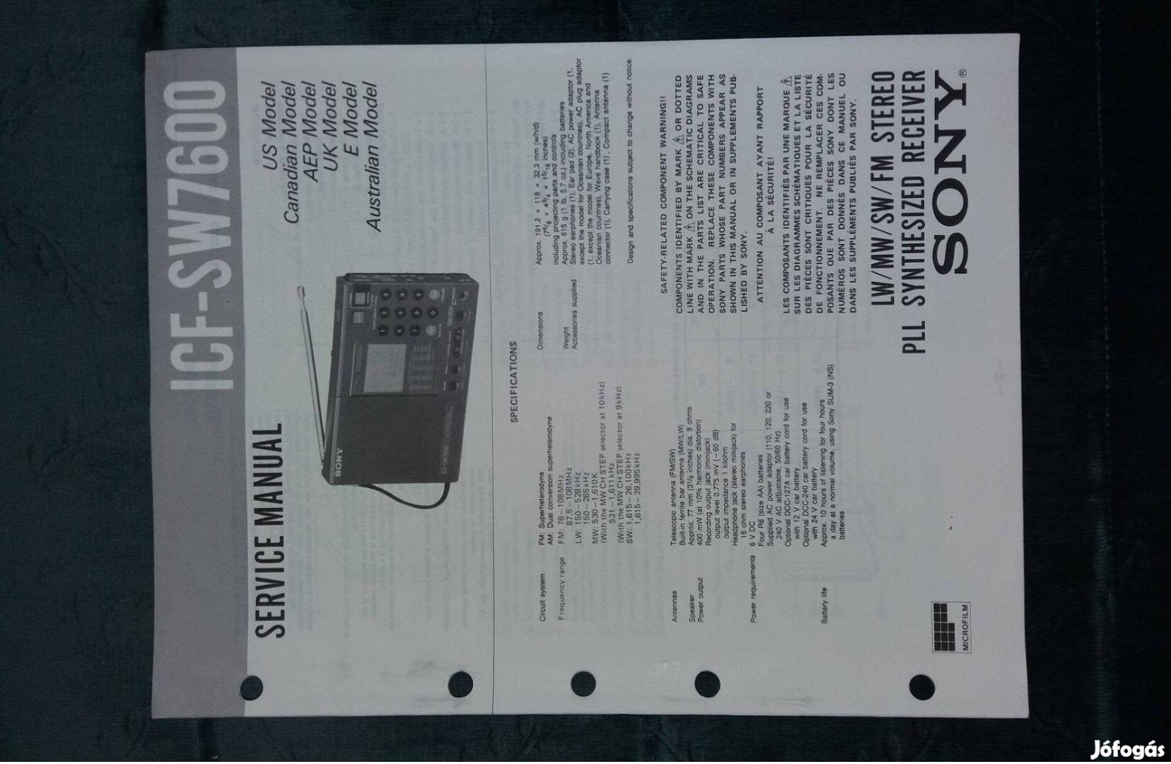 Sony ICF-SW7600 világvevő rádió Service manual szerviz gépkönyv
