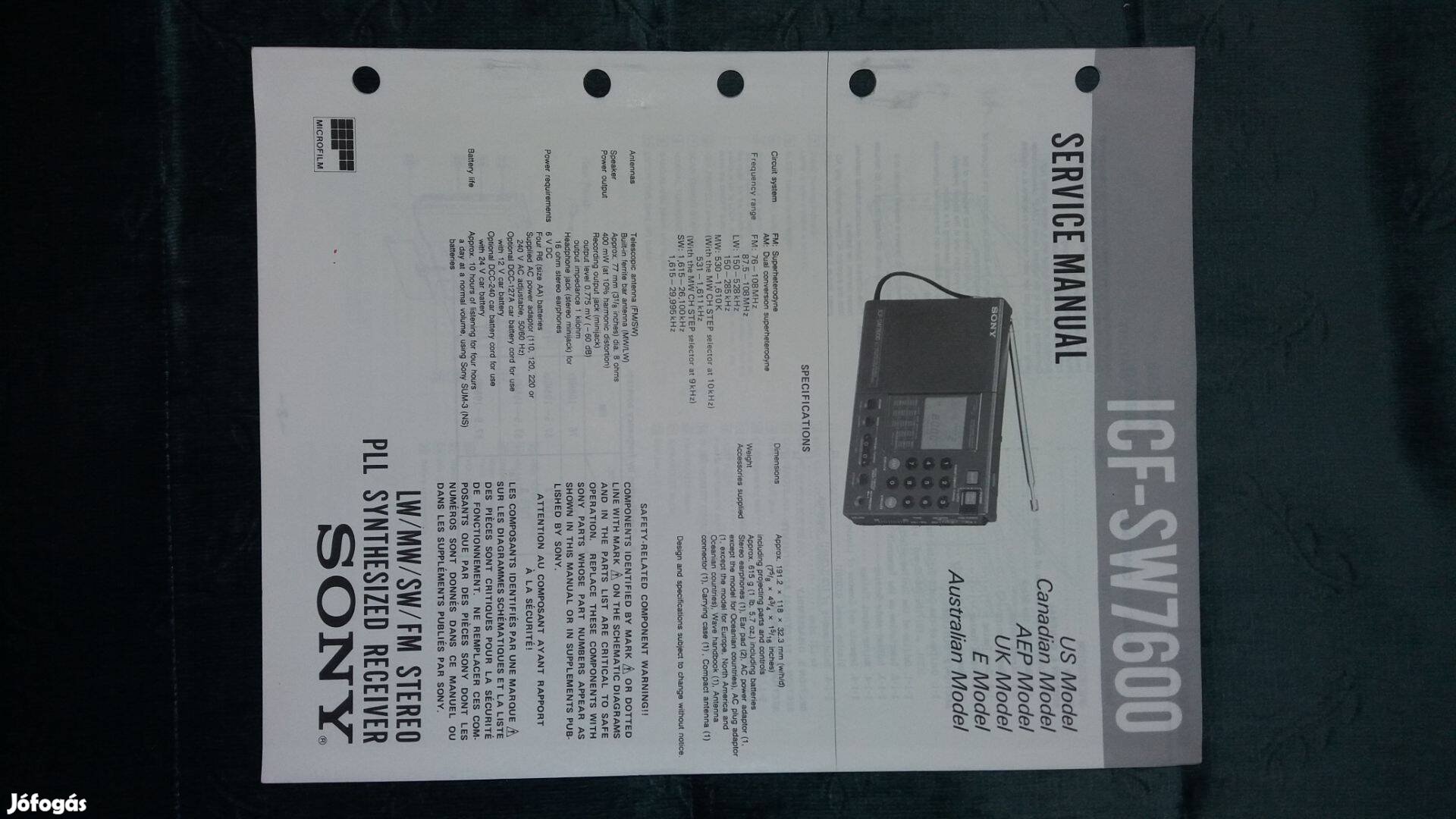 Sony ICF-SW7600 világvevő rádió Service manual szerviz gépkönyv