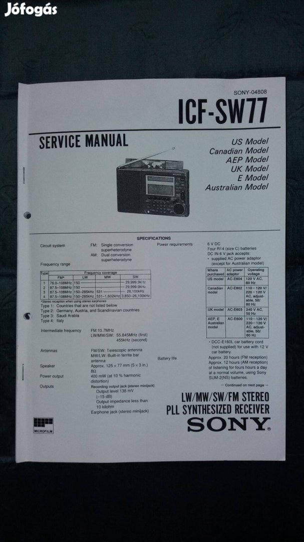 Sony ICF-SW77 világvevő rádió Service manual szerviz gépkönyv