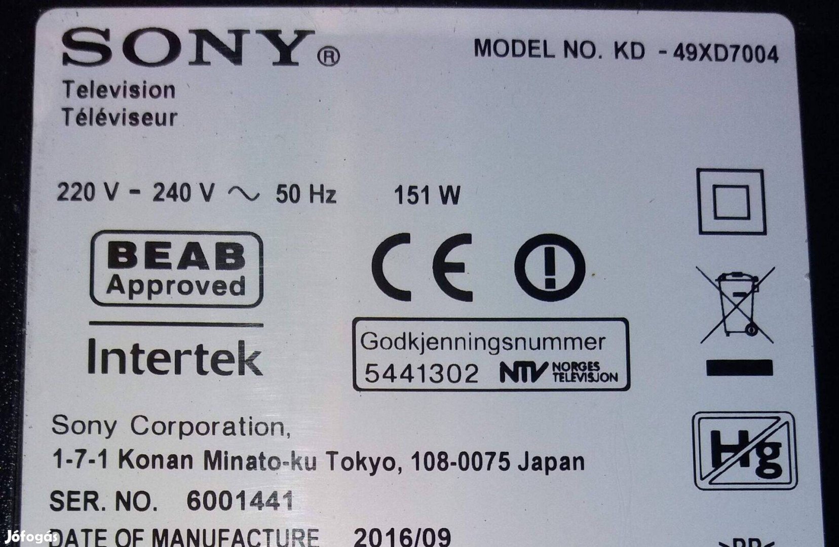 Sony KD-49XD7004 LED LCD törött tv panelek alkatrésznek