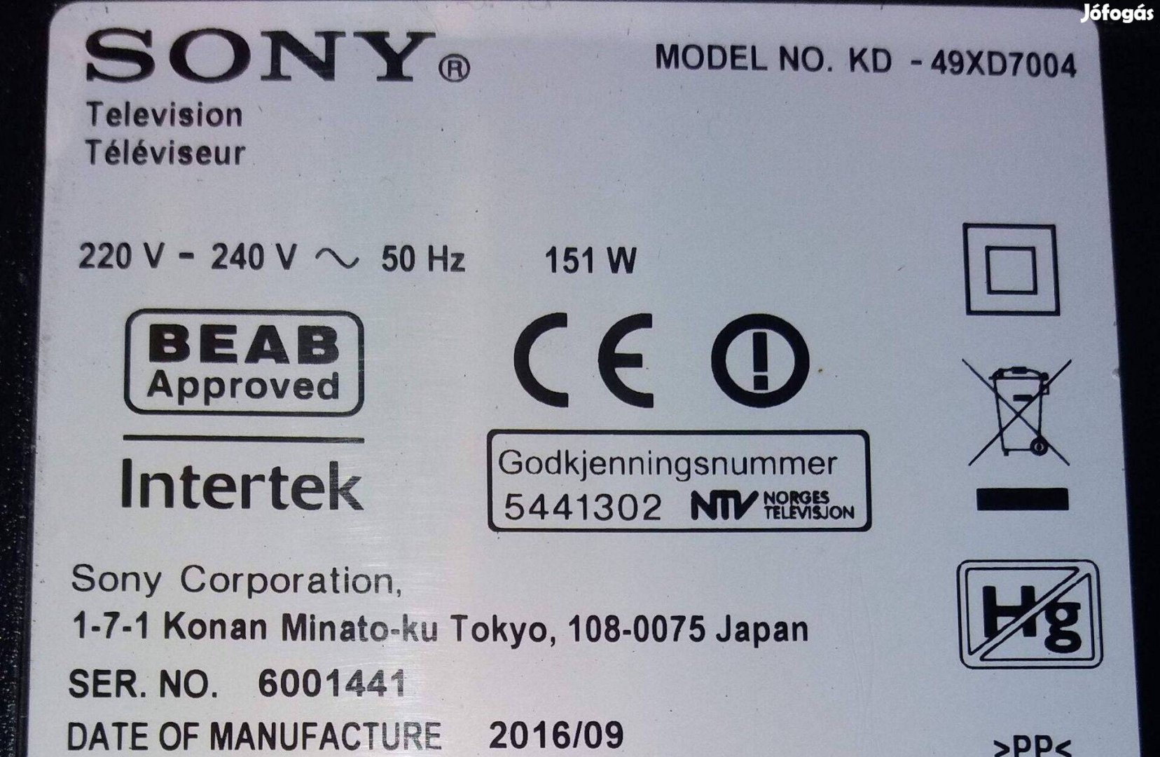 Sony KD-49XD7004 LED törött tv panelek alkatrésznek. Maimboard elkelt