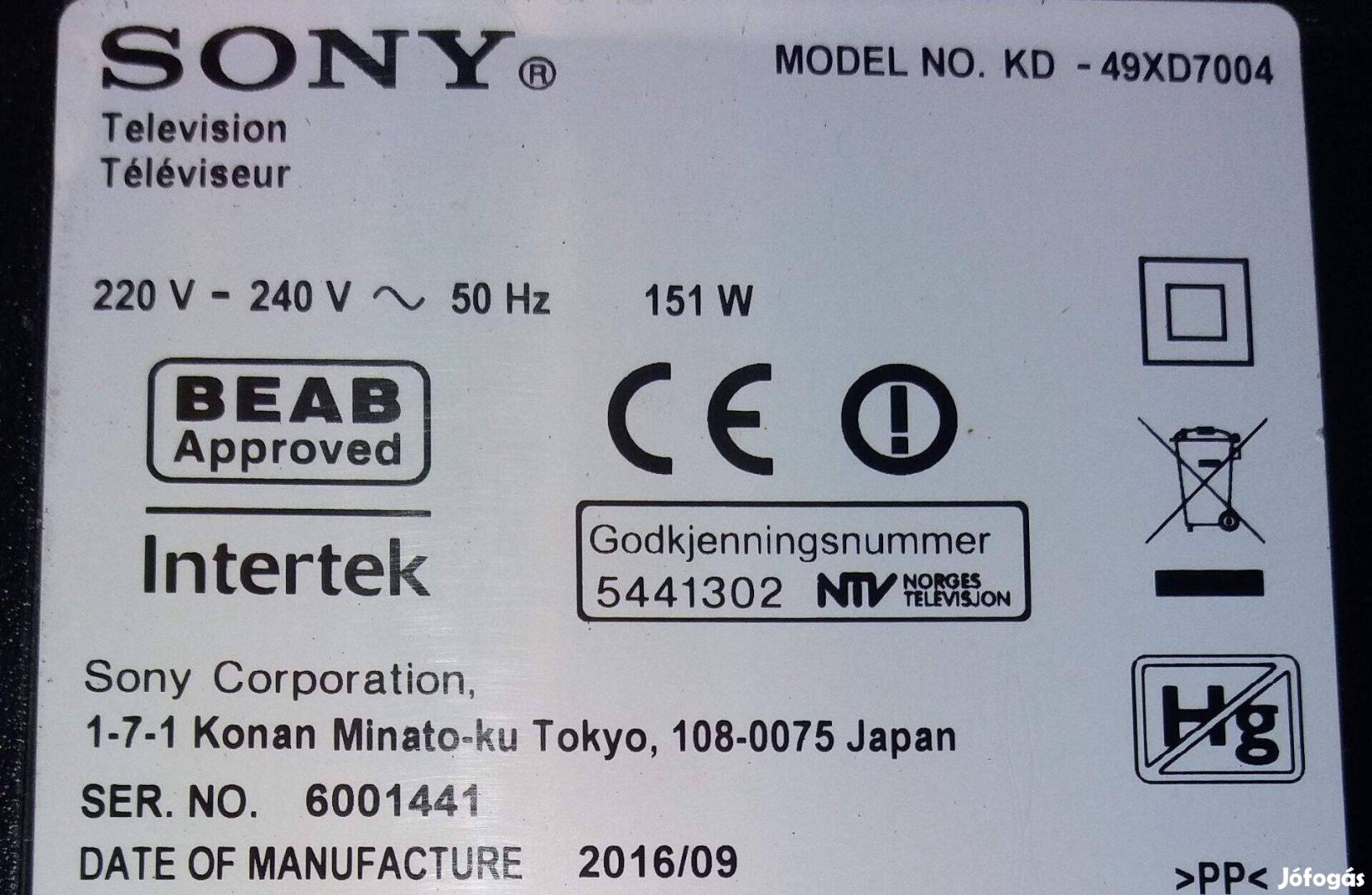 Sony KD-49XD7004 LED törött tv panelek alkatrésznek. Maimboard elkelt