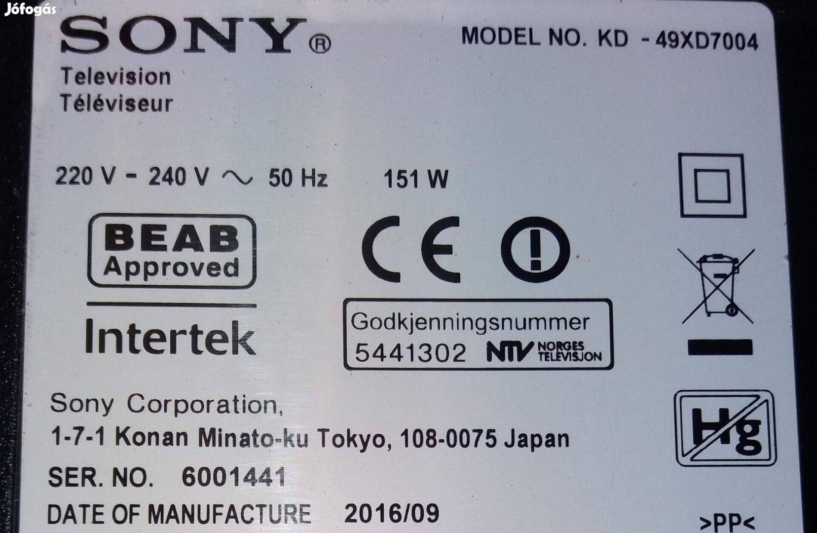 Sony KD-49XD7004 LED törött tv panelek alkatrésznek. Maimboard elkelt