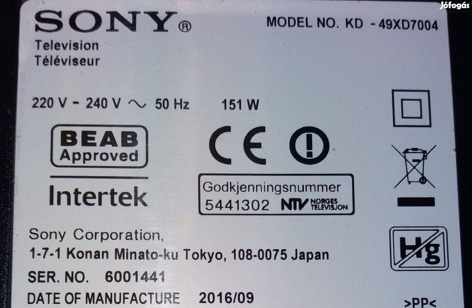 Sony KD-49XD7004 LED törött tv panelek alkatrésznek. Maimboard elkelt