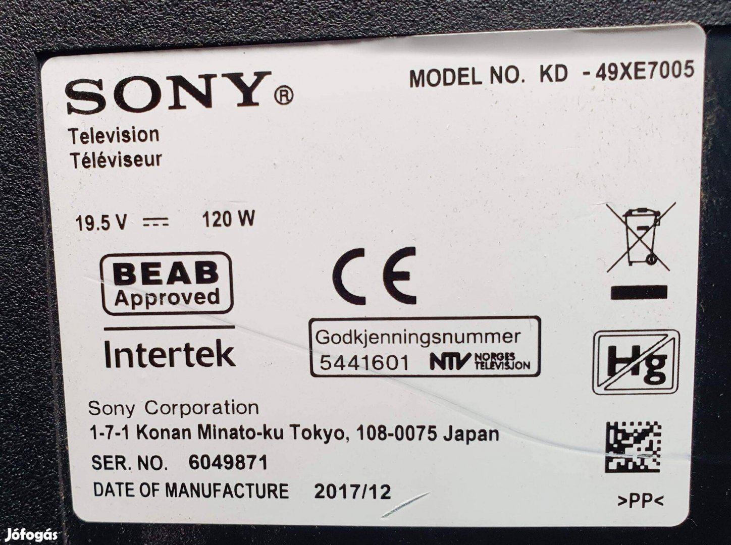 Sony KD-49XE7005 LED LCD tv UHD hibás törött alkatrésznek